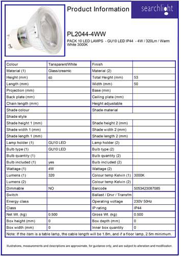 Vignette 3 produit Ref : PL2044-4WW | PACK 10 AMPOULES LED GU10 LED IP44 - 4W