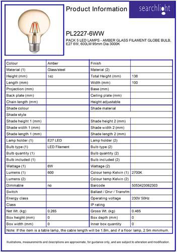 Vignette 3 produit Ref : PL2227-6WW | PACK 5 LED LAMPS - AMBER GLASS FILAMENT