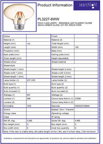 Vignette 3 produit Ref : PL3227-6WW | PACK 5 AMPOULES LED DIMMABLE LED FILAMEN